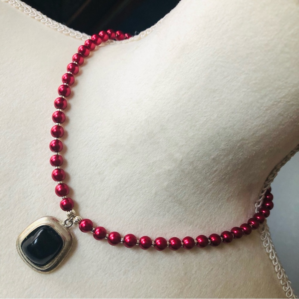 Handcrafted repurpose dark vampire blood dome pendant Czech glass Pearl necklace